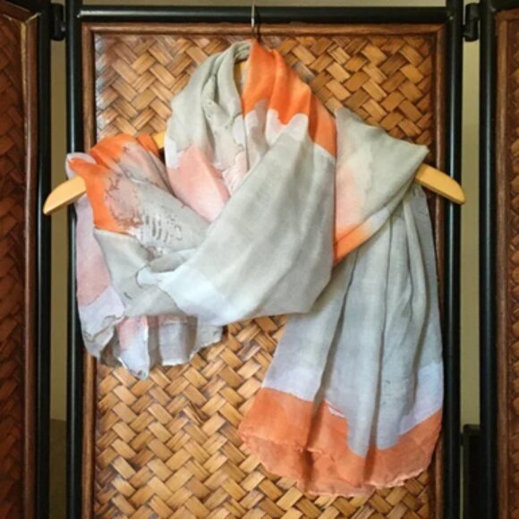 Vex Collection Beautiful Watercolour Wash Scarf In Orange, White & Grey - Picture 12 of 13